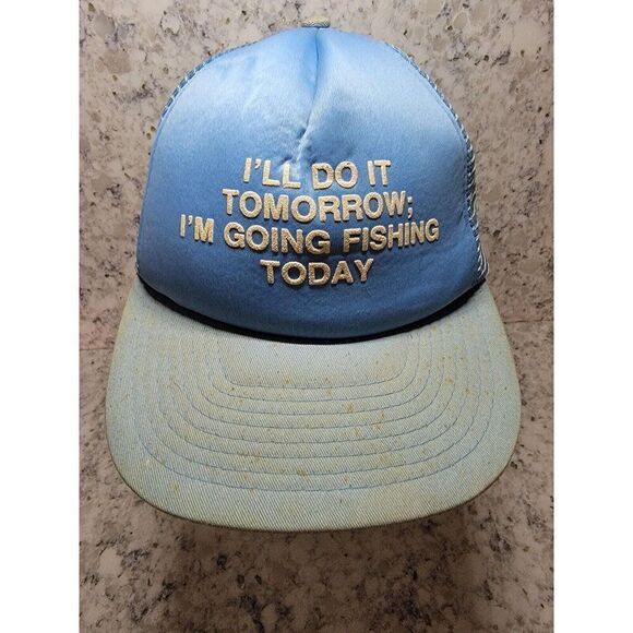 I'll Do It Tomorrow I'm Going Fishing Novelty Cap Hat Blue Vtg Trucker Cap‎ - Picture 1 of 12